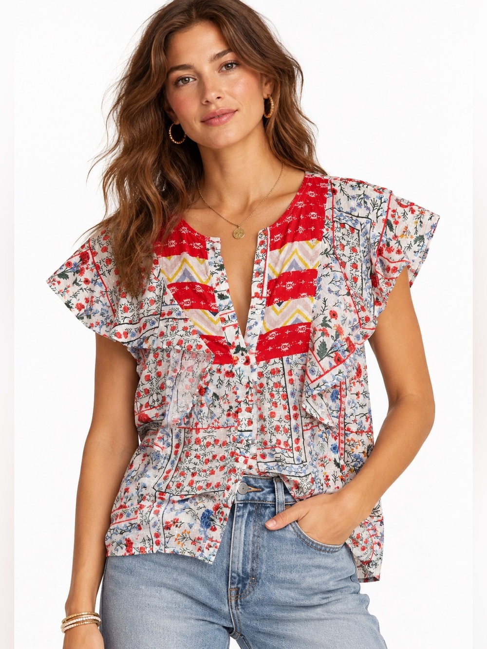 Anthropologie Let Me Be Floral Flutter Sleeve Top